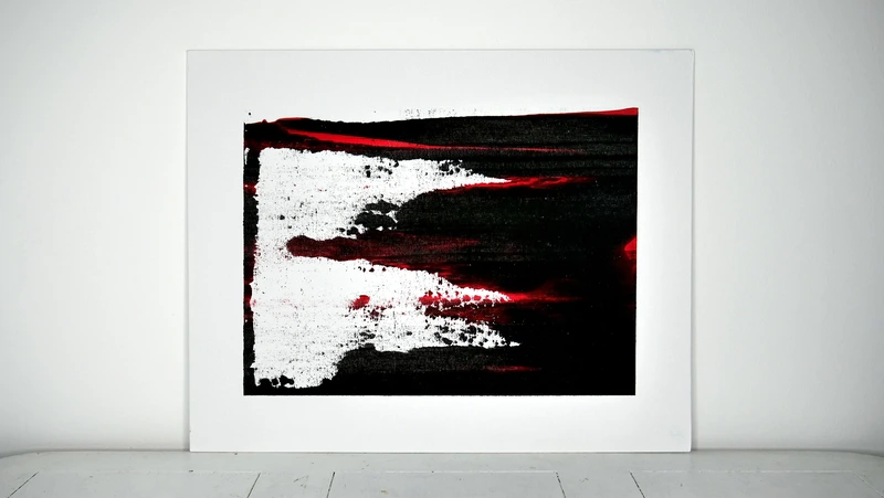 Painting 25, “Black and red escape on pure white”, view 1