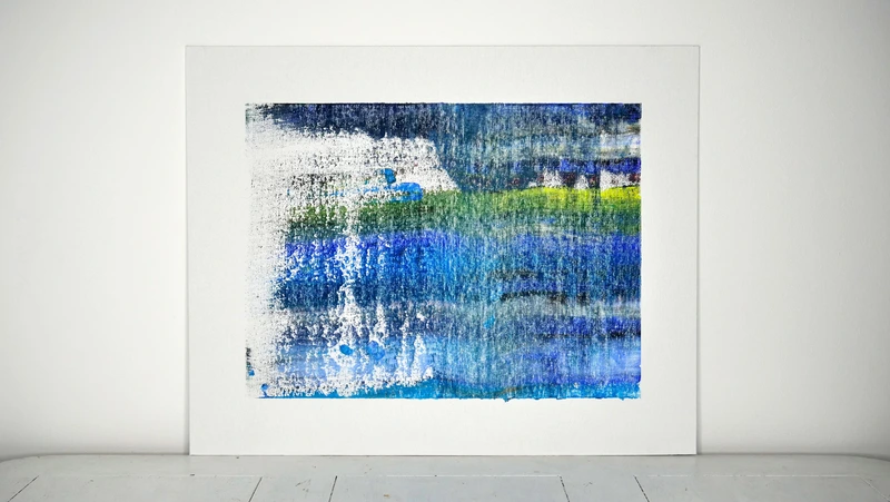 Painting 6, “Geological blues and canary on white”, view 1