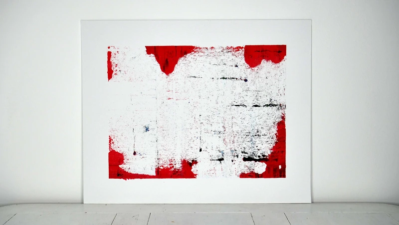 Painting 7, “Red edge flow on white”, view 1