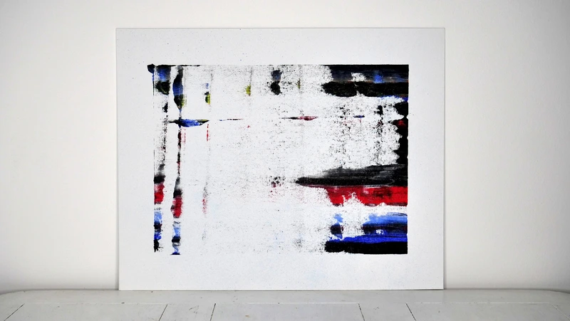 Painting 8, “Staggered black red ultramarine flow on white”, view 1